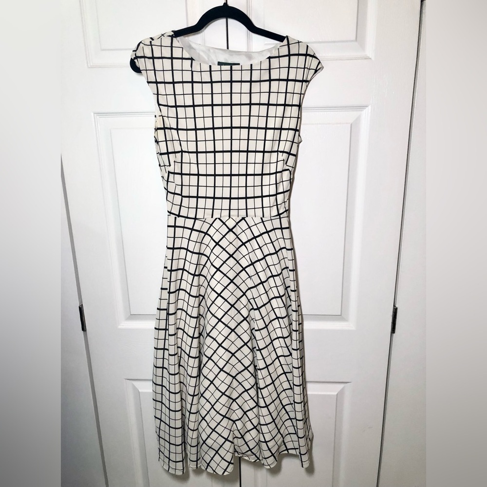 Lauren Ralph Lauren 100% Silk Black and White Midi Dress Size 6
